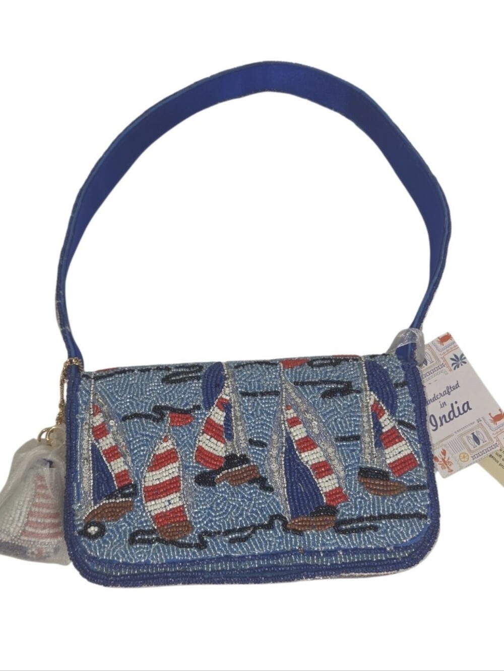 Handcrafted in India Sailboat Ocean Red White Blue Beaded Bag TikTok Viral NWT